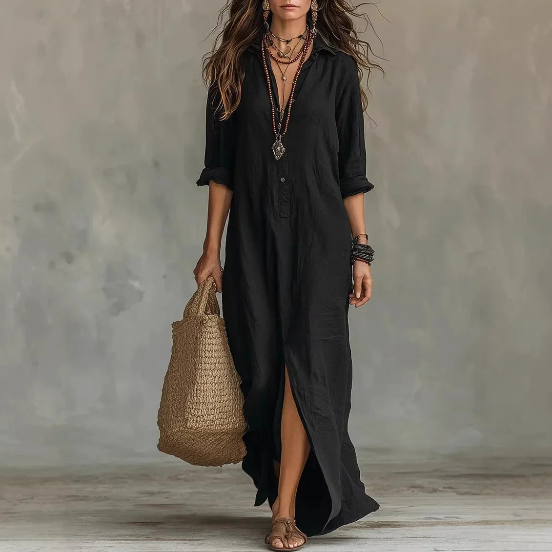 Robe femme longue en lin col boutonné fente latérale – Image 2
