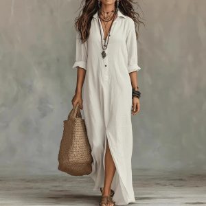 Robe femme longue en lin col boutonné fente latérale