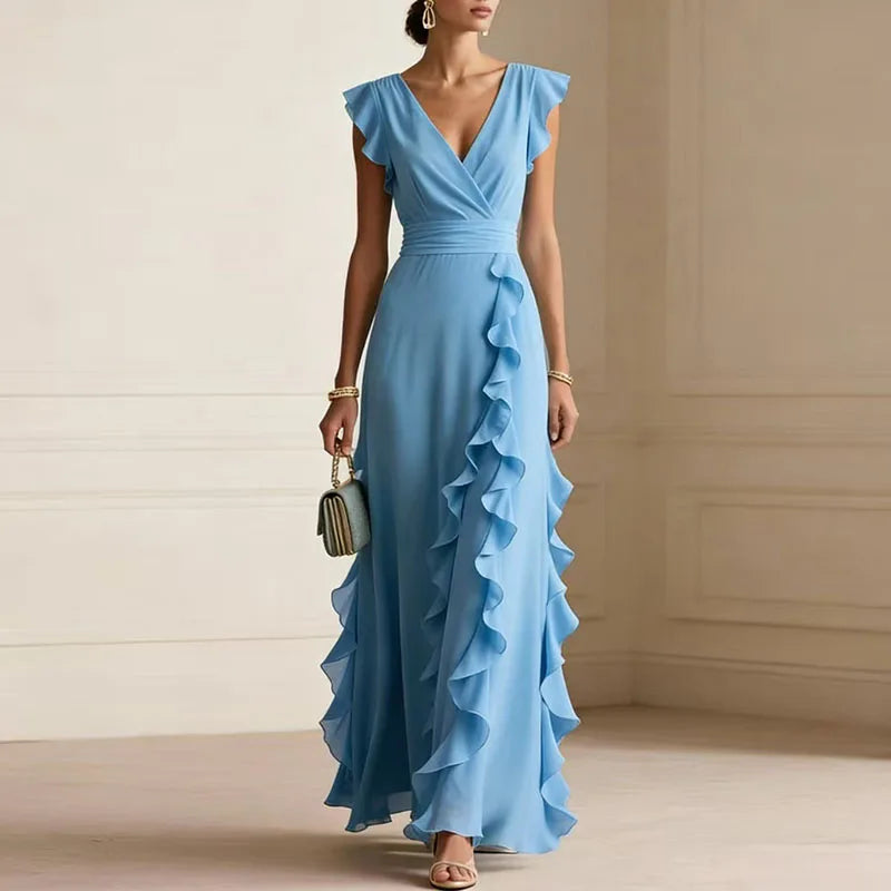 Robe femme décolleté V manches papillon taille haute – Image 3