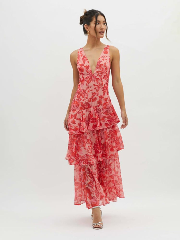 Robe femme midi florale décolleté V dos nu fluide