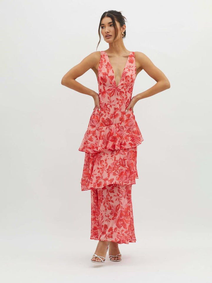 Robe femme midi florale décolleté V dos nu fluide – Image 3