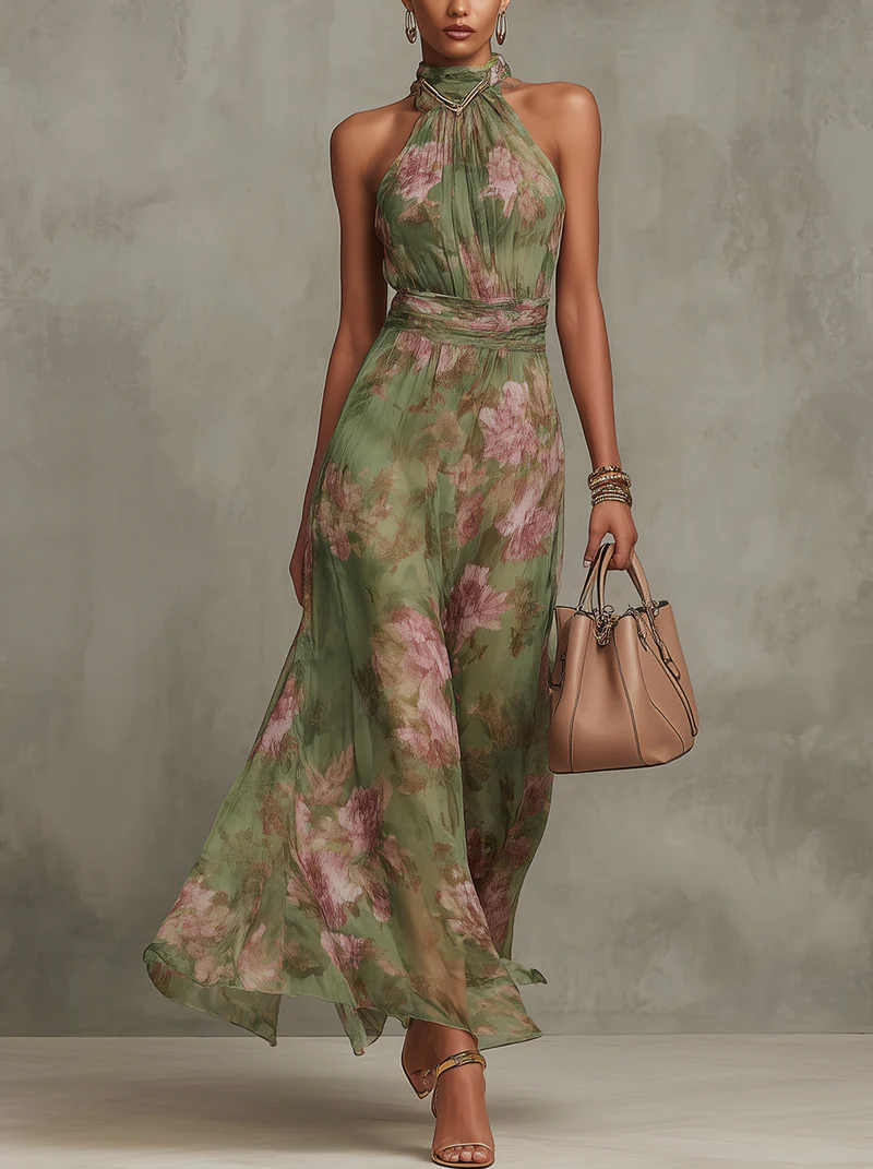 Robe femme longue sans manches coupe ajustée florale
