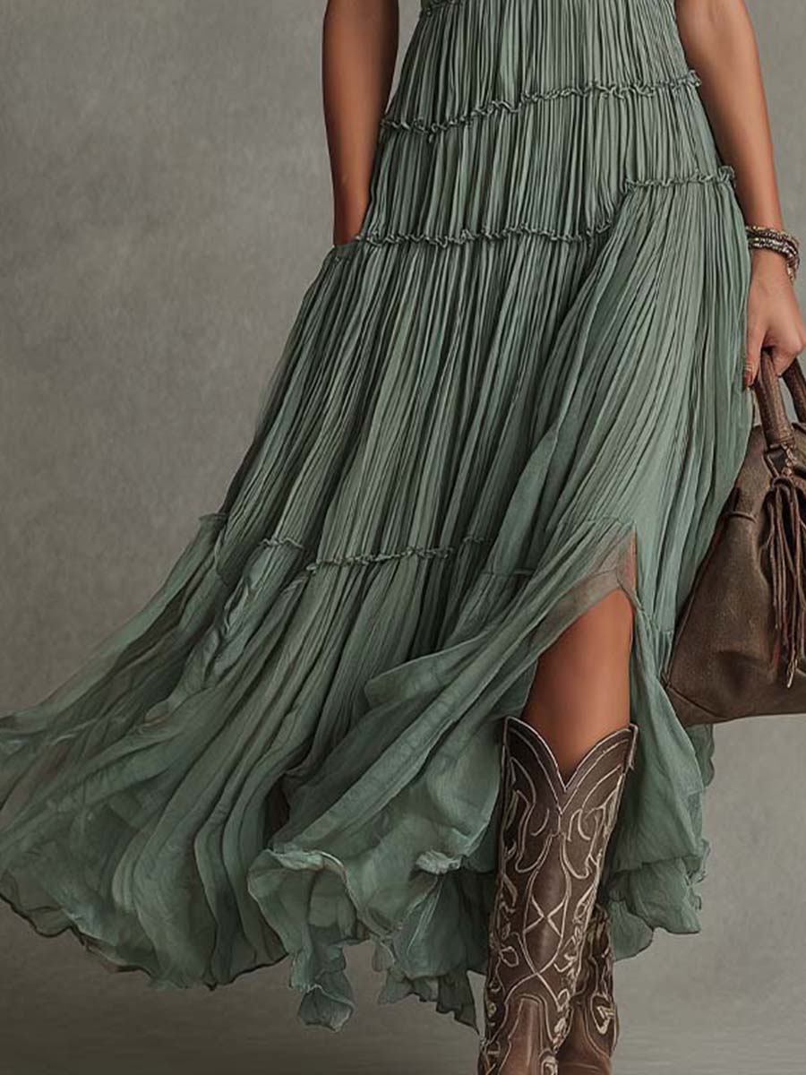 Robe femme plissée taille élastiquée fente latérale – Image 2