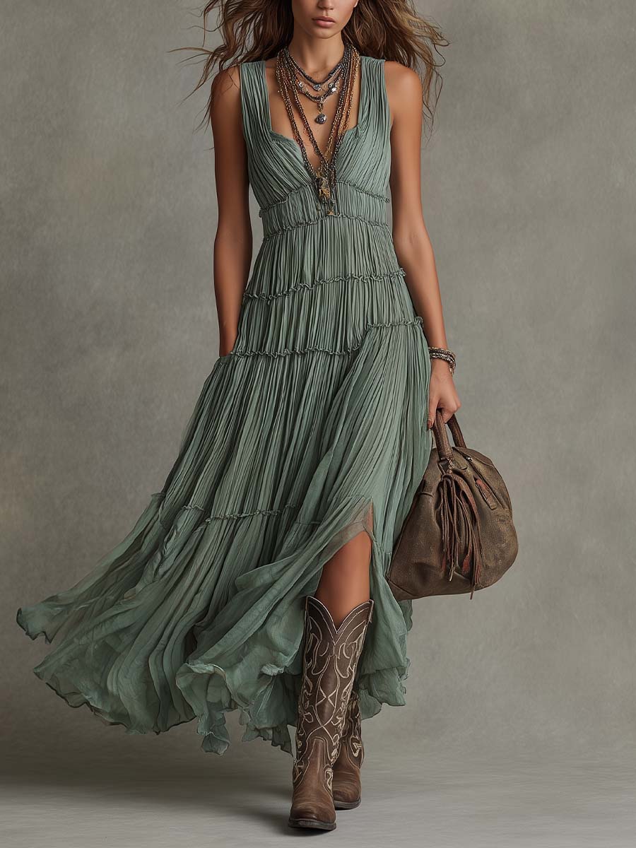 Robe femme plissée taille élastiquée fente latérale
