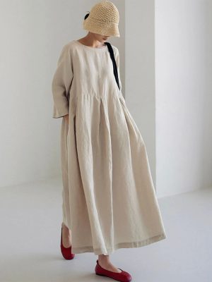 Robe femme lin manches longues taille froncée