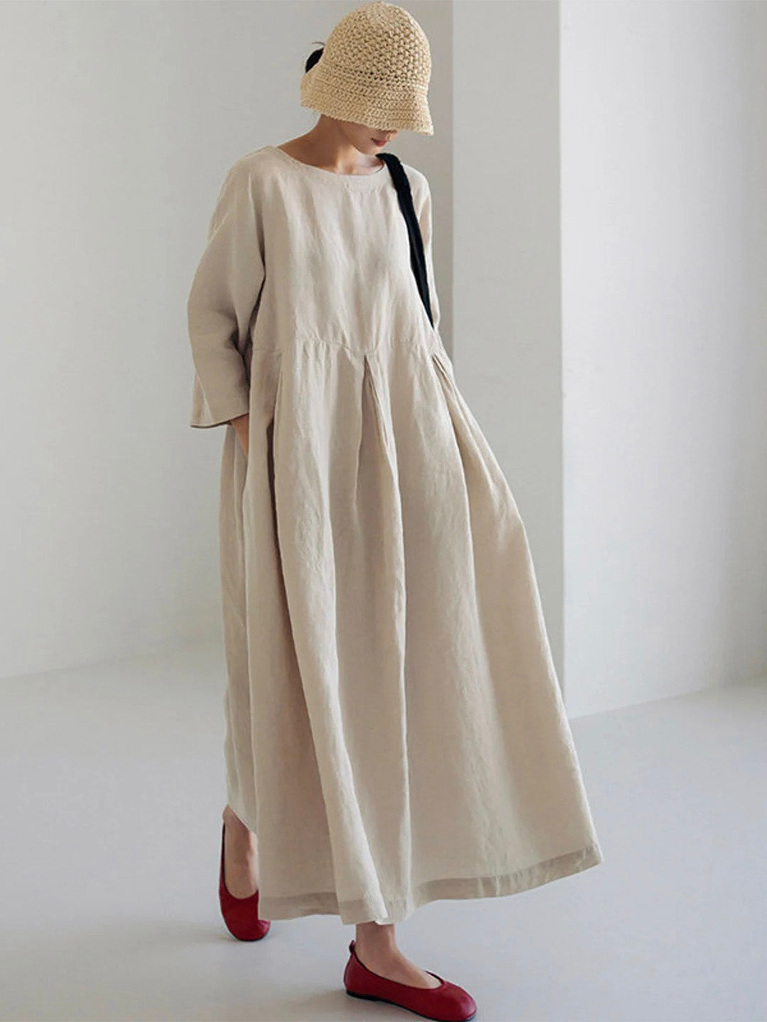 Robe femme lin manches longues taille froncée