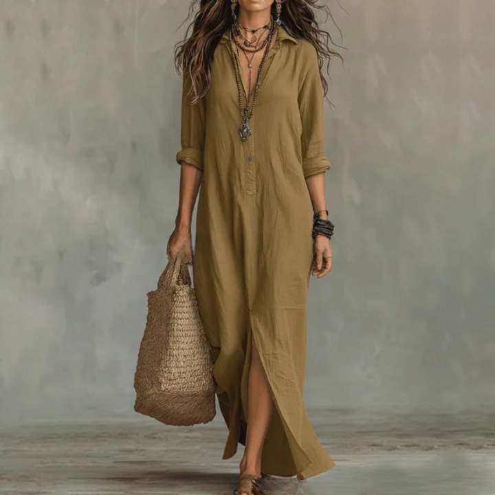 Robe femme longue en lin col boutonné fente latérale – Image 4