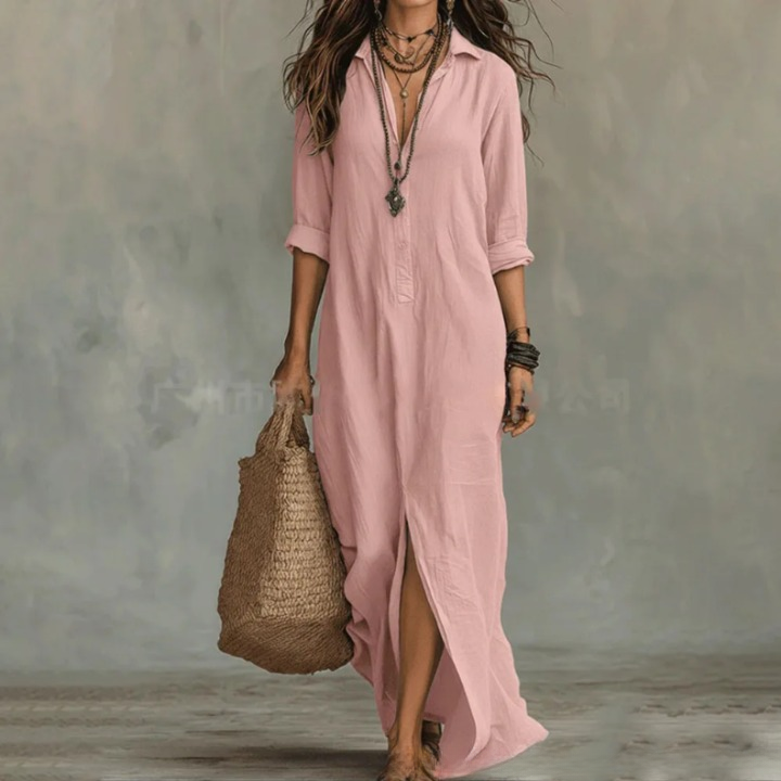 Robe femme longue en lin col boutonné fente latérale – Image 3