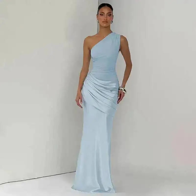 Robe satinée asymétrique longue invitée mariage élégante – Image 8