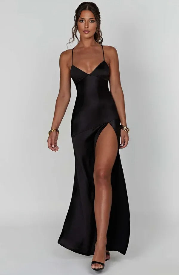 Robe femme satin dos nu lacé ajustable soirée – Image 2