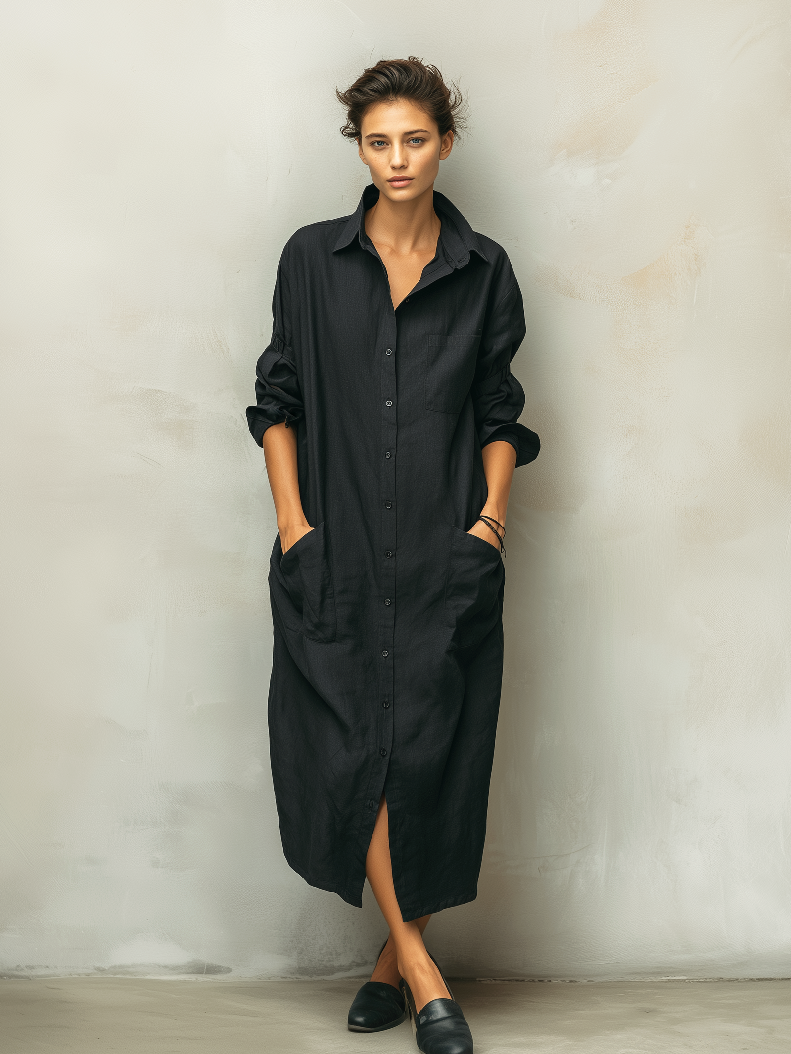Robe femme longue noire mélange coton lin respirant – Image 3