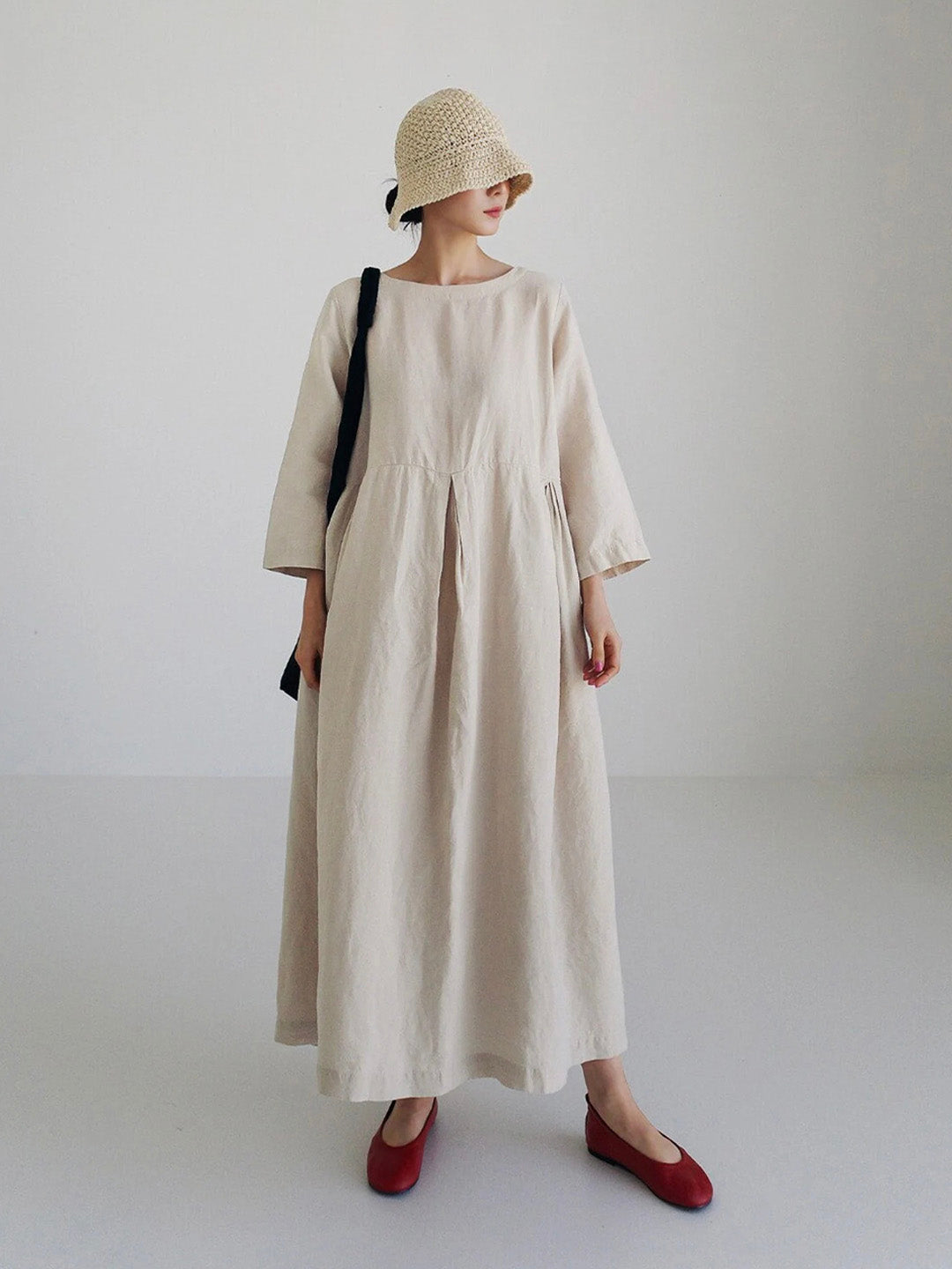 Robe femme lin manches longues taille froncée – Image 6