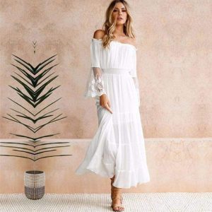 Robe femme maxi dentelle épaules dénudées style bohème