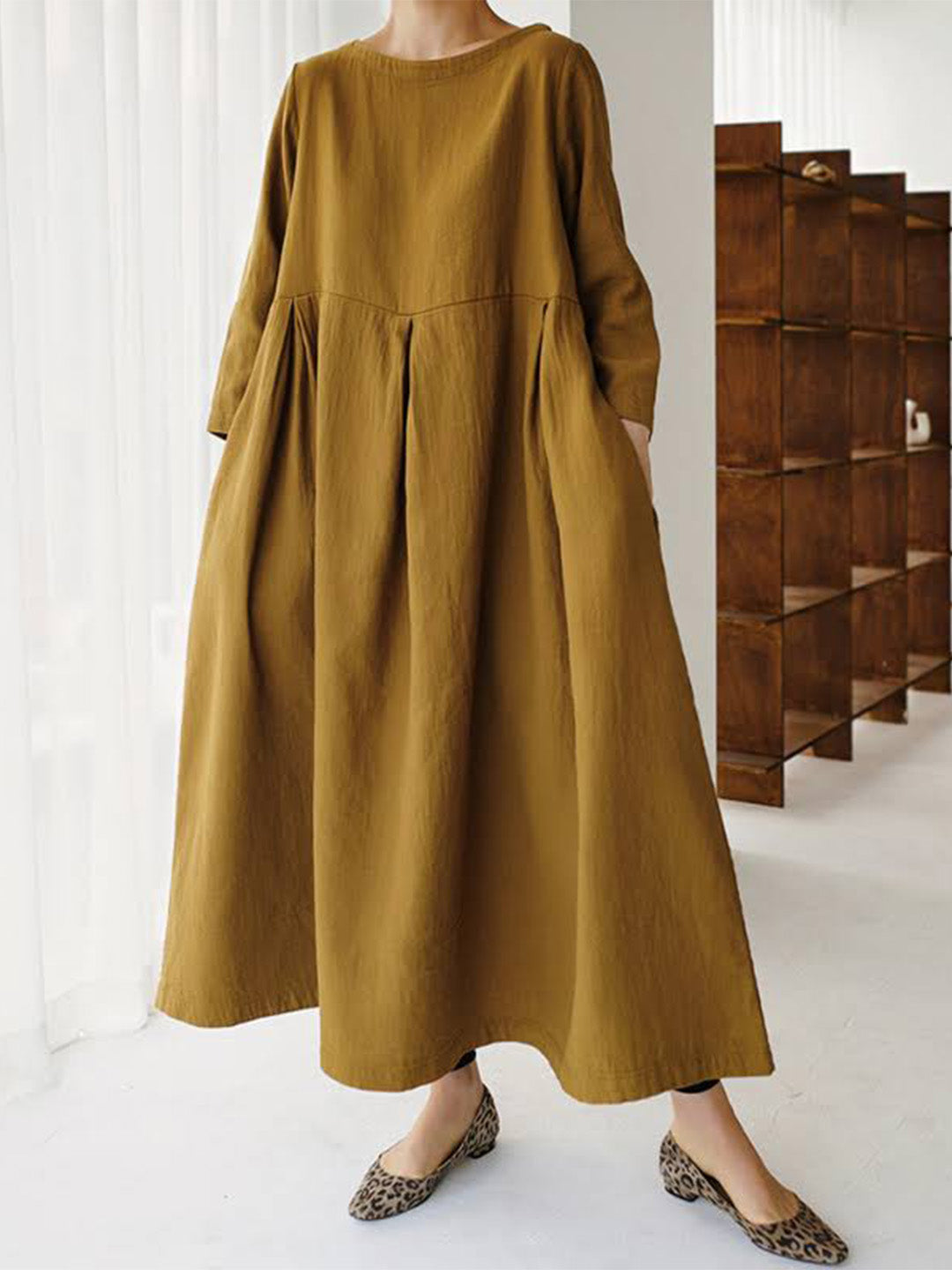 Robe femme lin manches longues taille froncée – Image 5