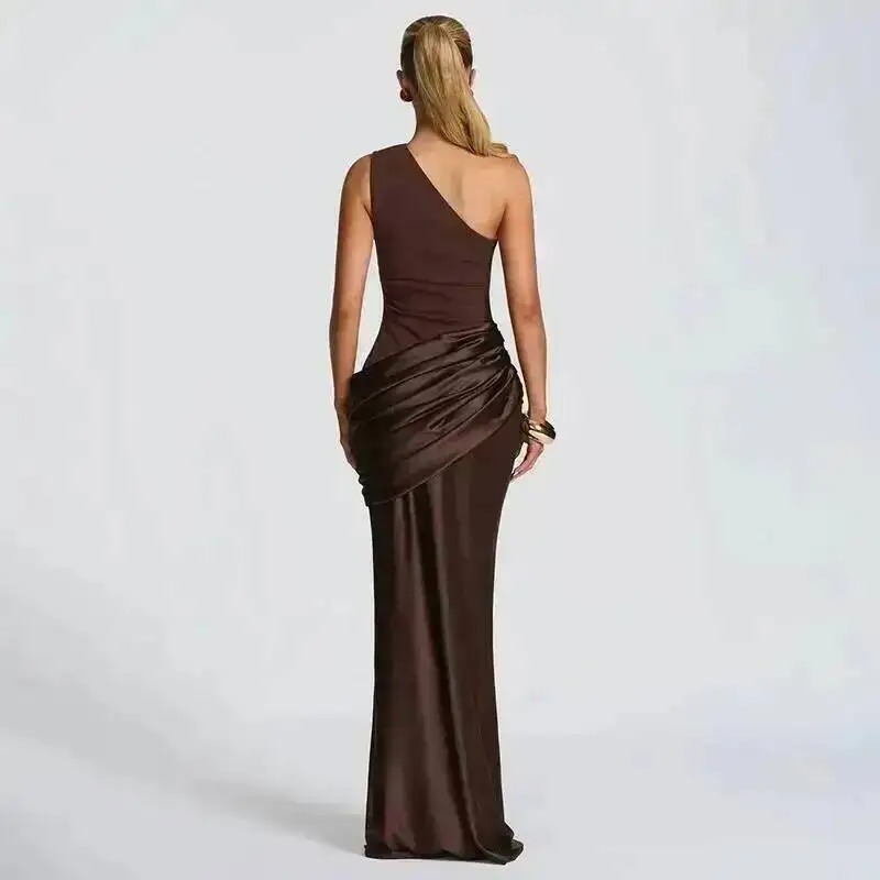 Robe satinée asymétrique longue invitée mariage élégante – Image 6