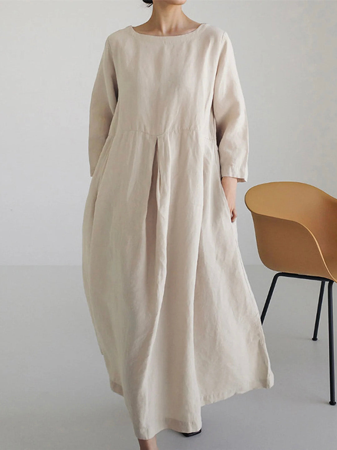 Robe femme lin manches longues taille froncée – Image 7