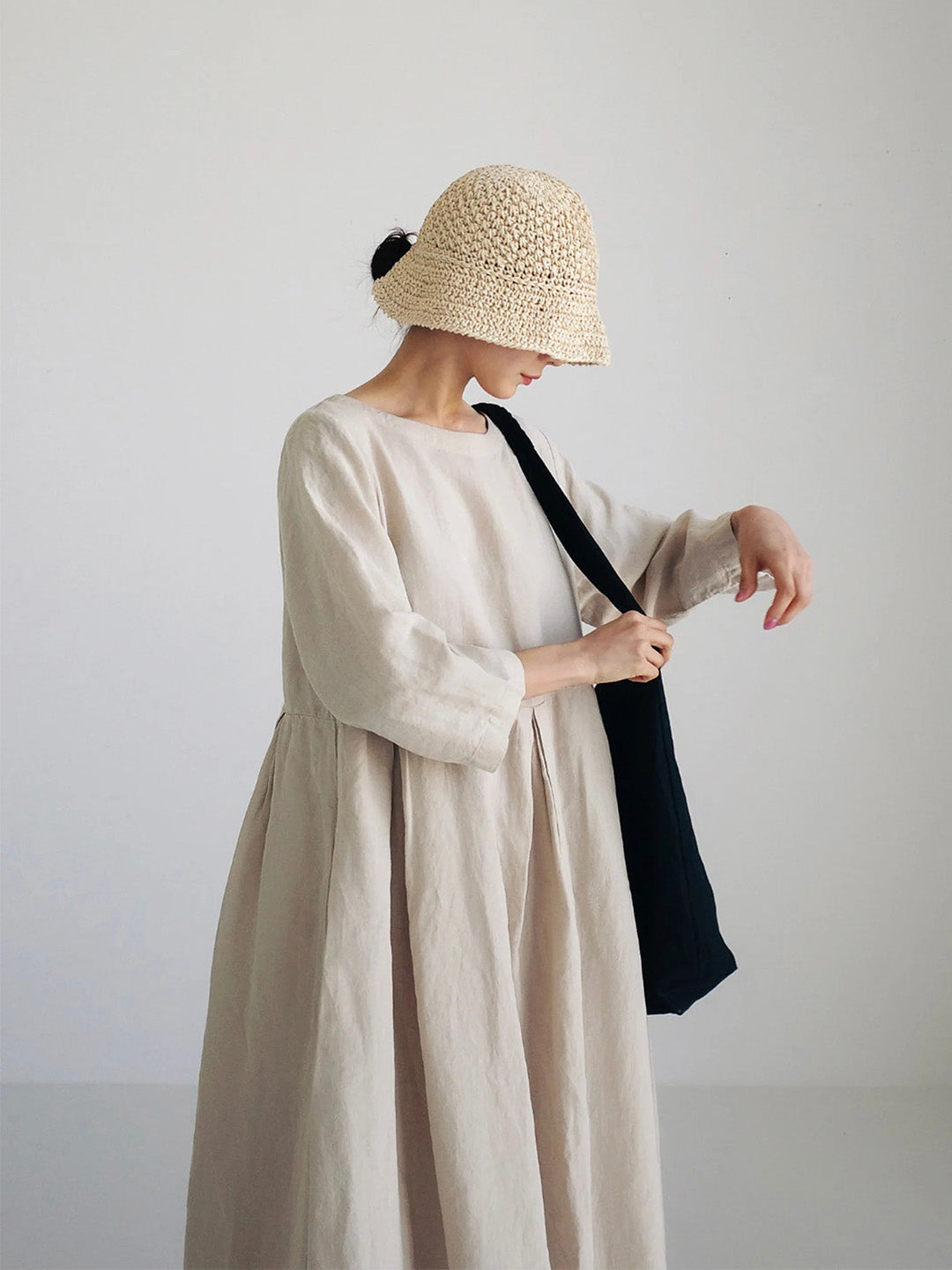 Robe femme lin manches longues taille froncée – Image 8