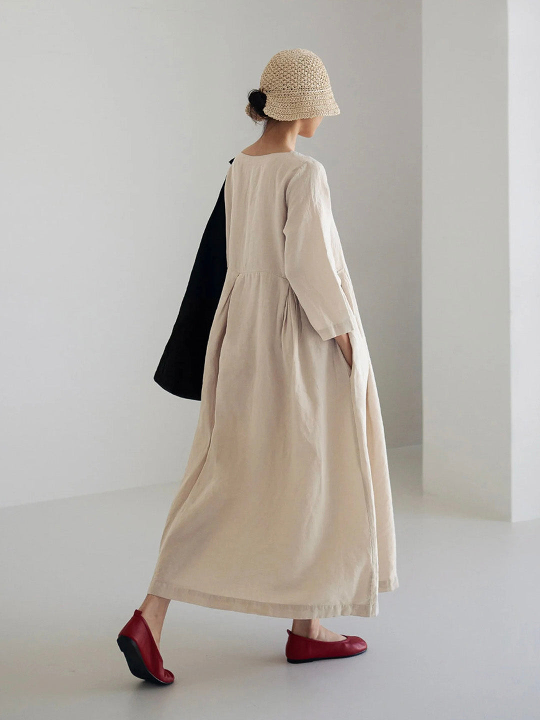 Robe femme lin manches longues taille froncée – Image 9
