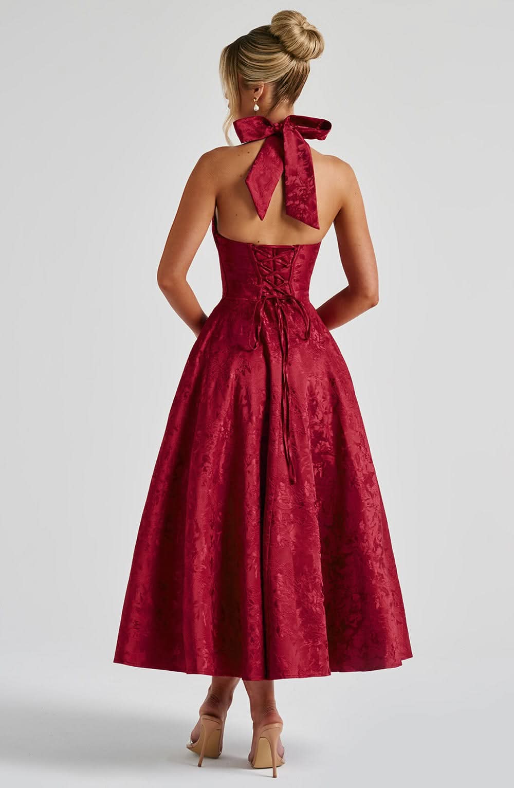 Robe femme Jacquard floral dos nu laçage réglable – Image 10