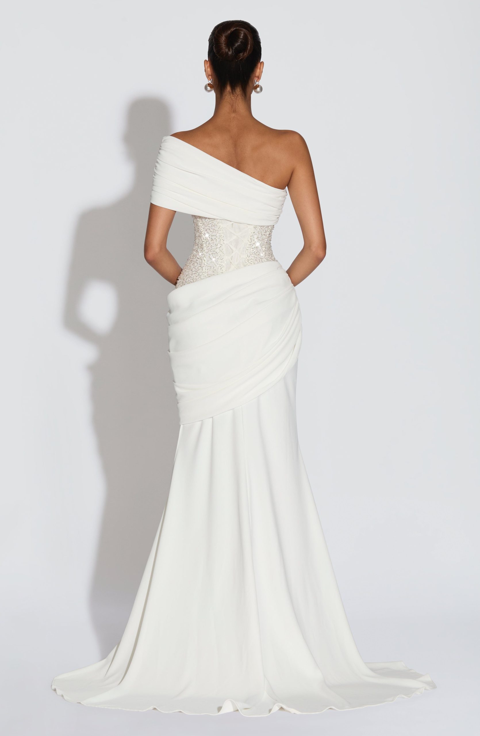 Robe de soirée femme bustier brodé drapé asymétrique – Image 3