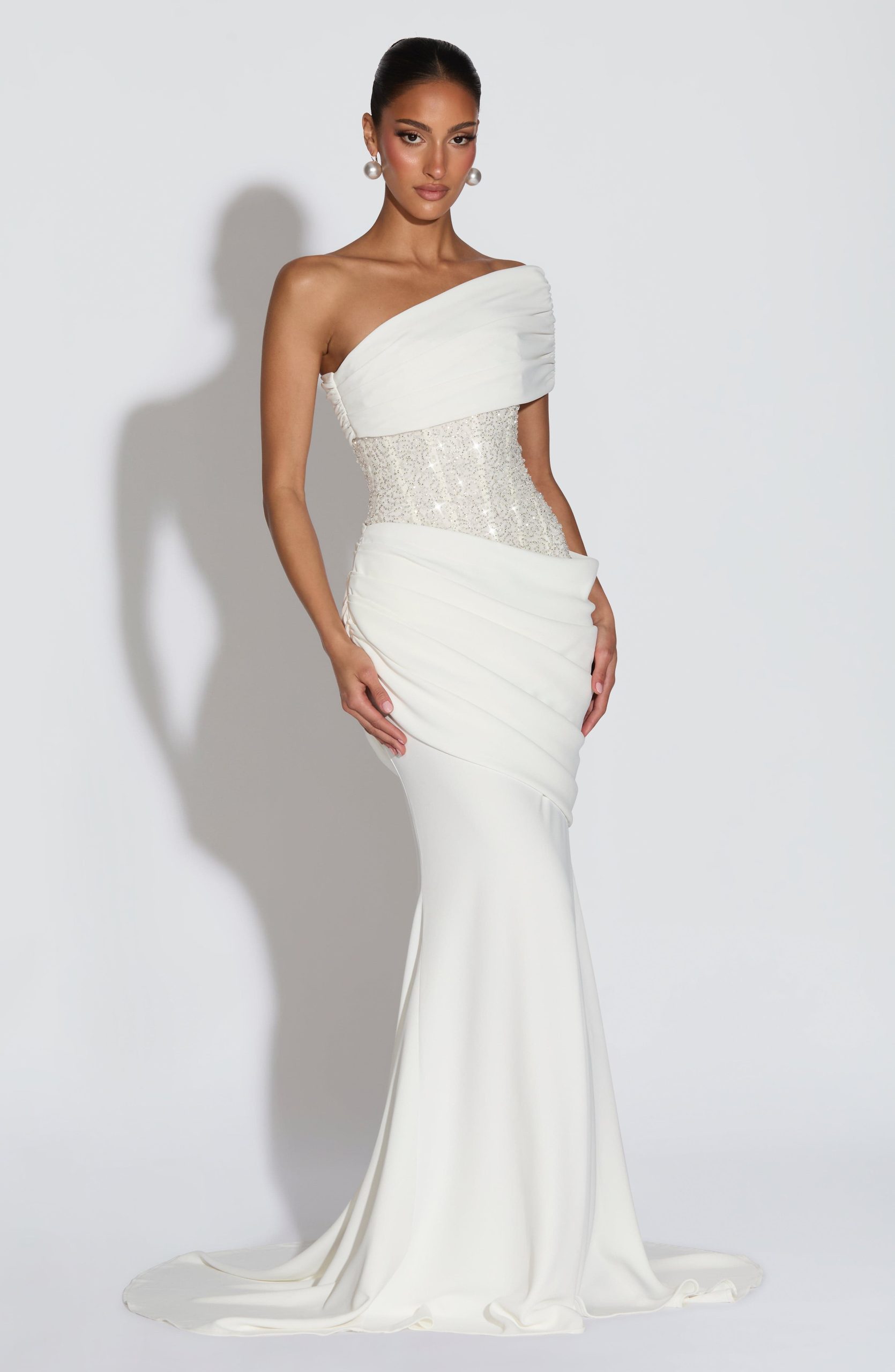 Robe de soirée femme bustier brodé drapé asymétrique – Image 4
