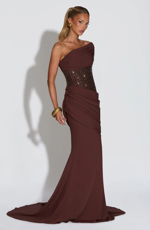 Robe de soirée femme bustier brodé drapé asymétrique – Image 6