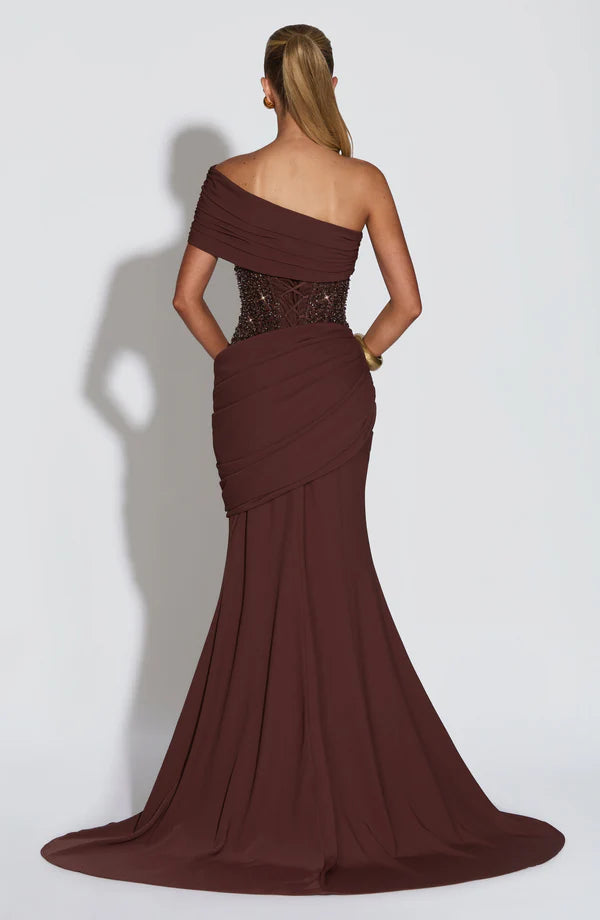Robe de soirée femme bustier brodé drapé asymétrique – Image 8