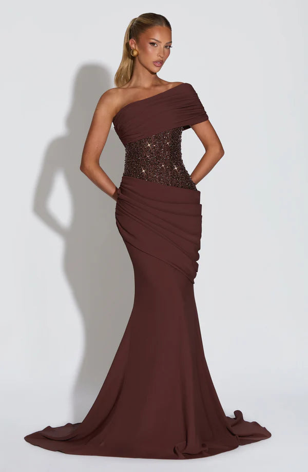 Robe de soirée femme bustier brodé drapé asymétrique – Image 2