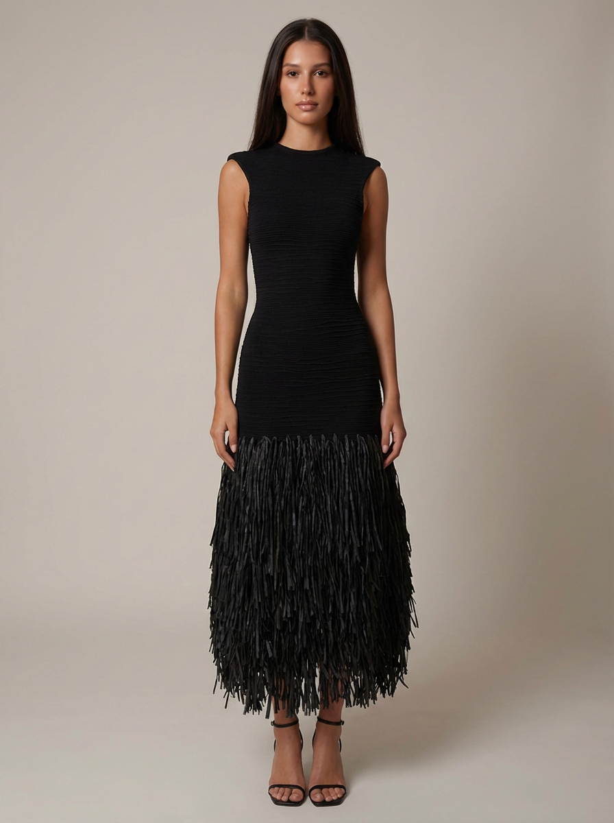 Robe femme noire col montant franges longues midi – Image 2