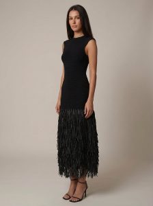 Robe femme noire col montant franges longues midi