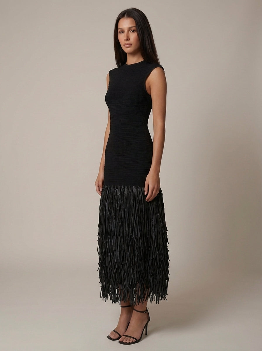 Robe femme noire col montant franges longues midi – Image 3