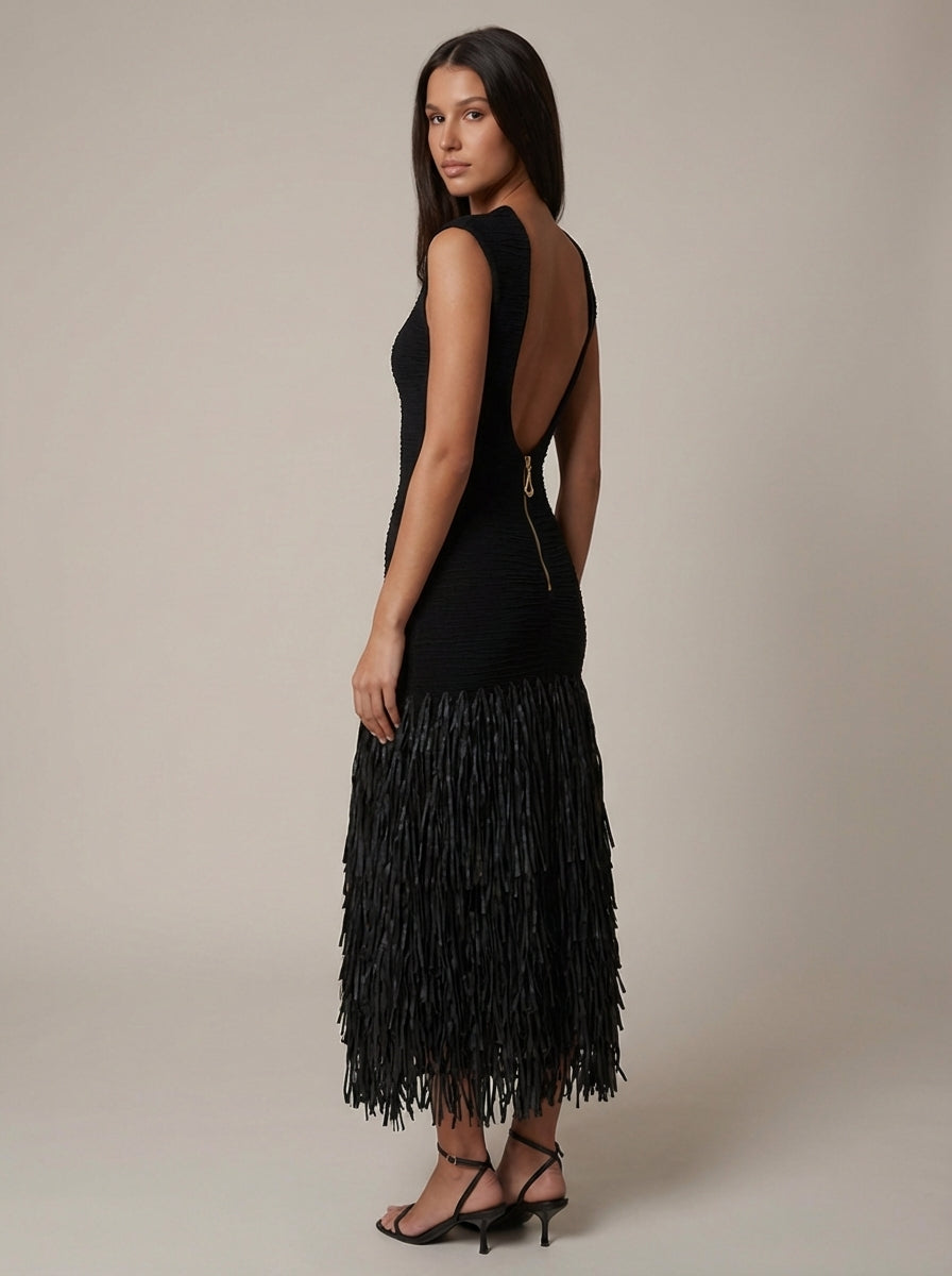 Robe femme noire col montant franges longues midi – Image 6
