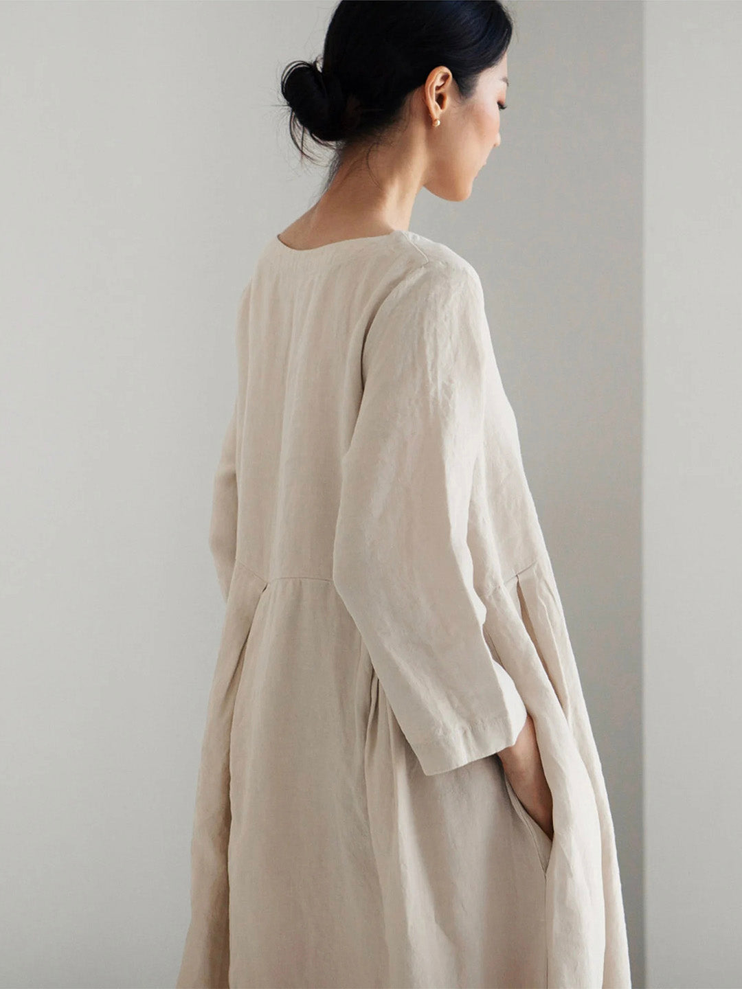 Robe femme lin manches longues taille froncée – Image 10