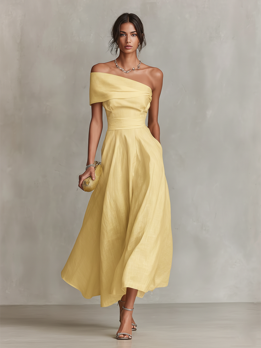 Robe femme jaune longue jupe fluide pour soirée – Image 2