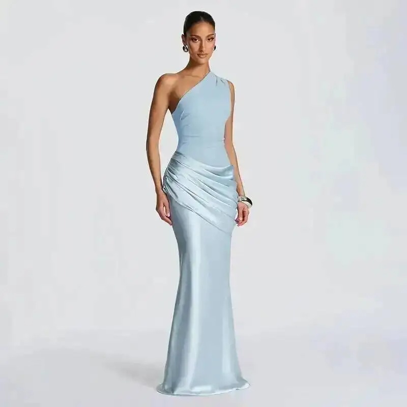 Robe satinée asymétrique longue invitée mariage élégante – Image 7