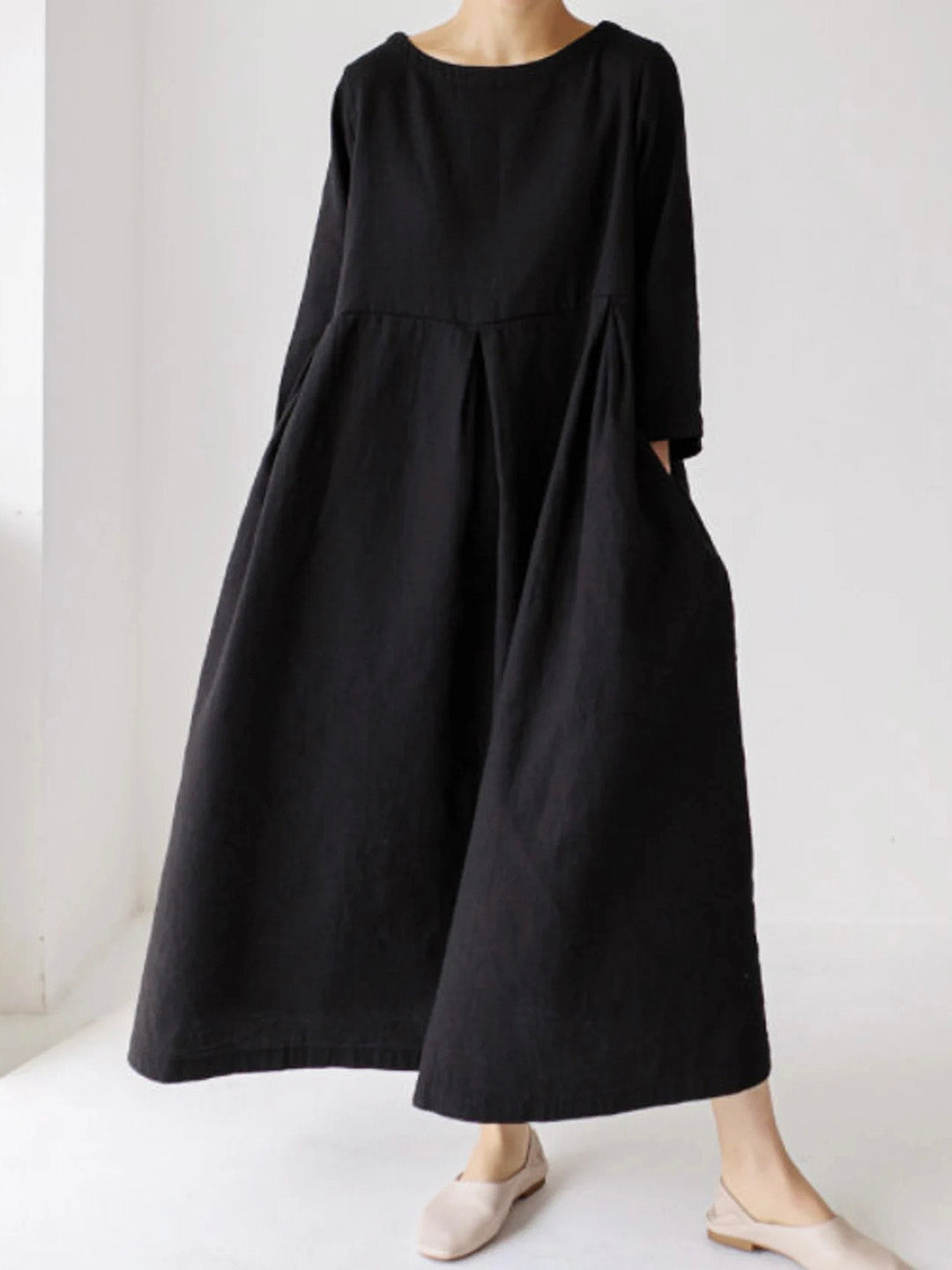 Robe femme lin manches longues taille froncée – Image 4