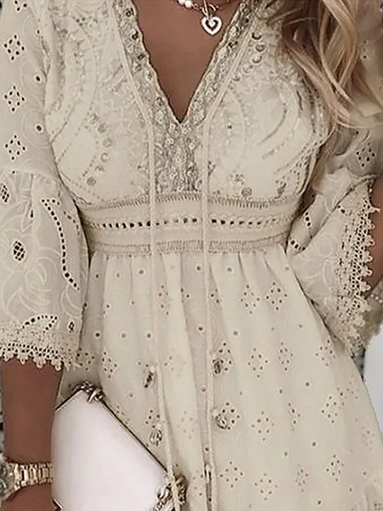 Robe femme dentelle bohème col V manches cloche été – Image 3