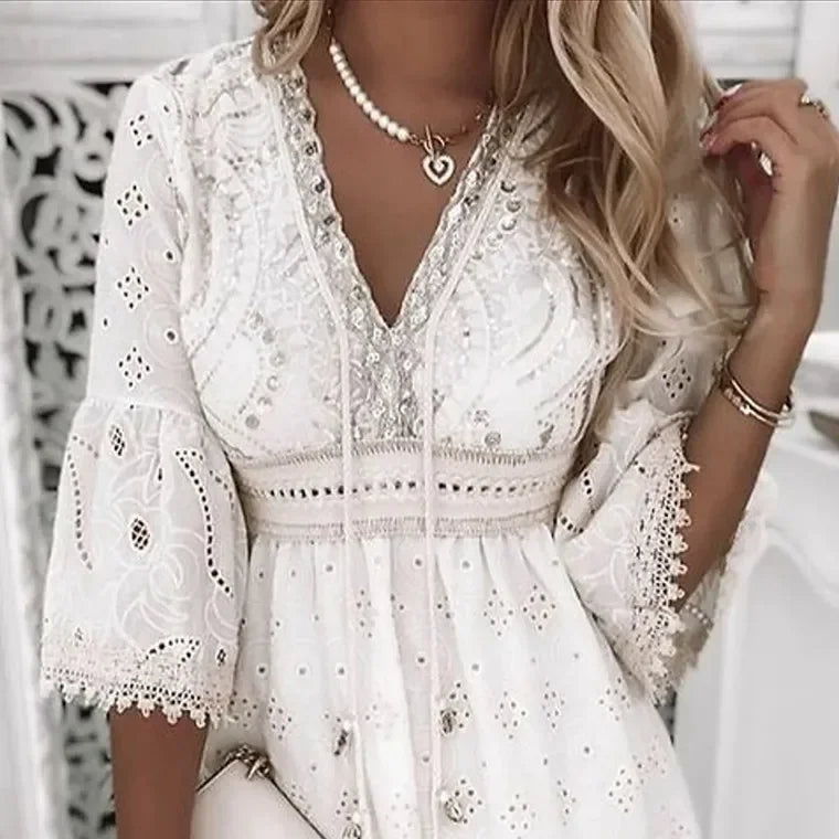 Robe femme dentelle bohème col V manches cloche été – Image 6