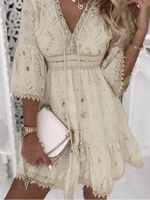 Robe femme dentelle bohème col V manches cloche été