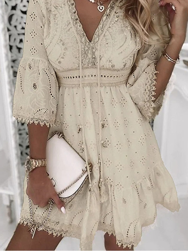 Robe femme dentelle bohème col V manches cloche été