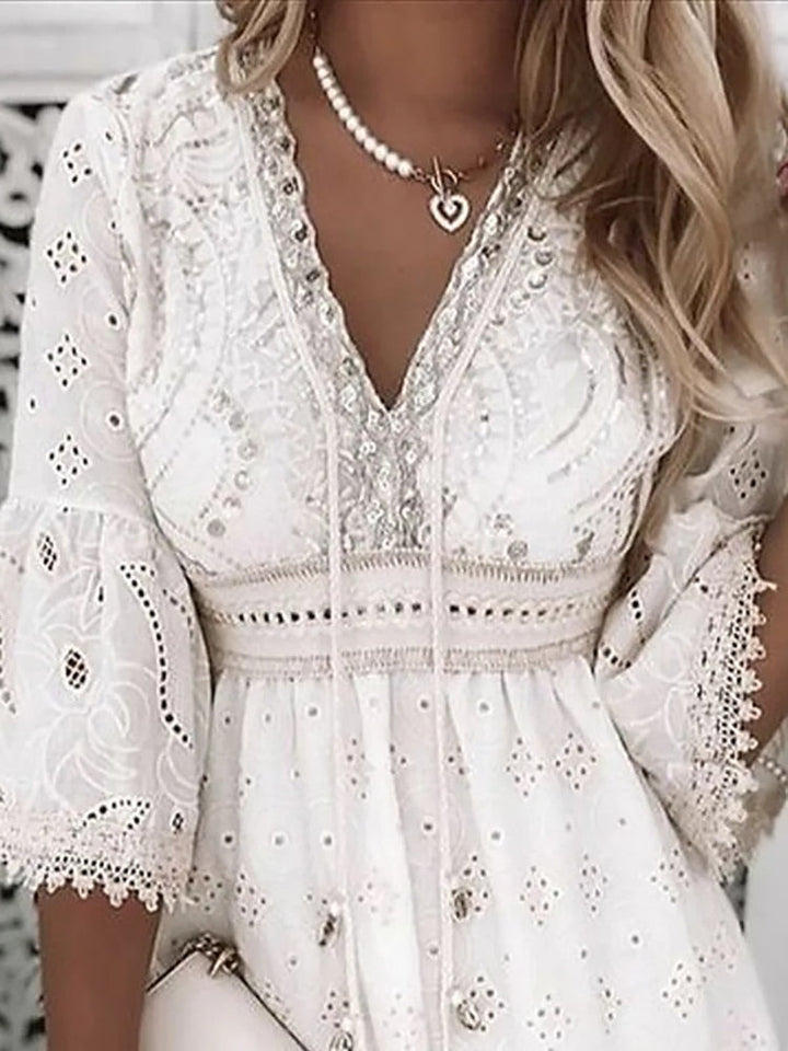 Robe femme dentelle bohème col V manches cloche été – Image 5