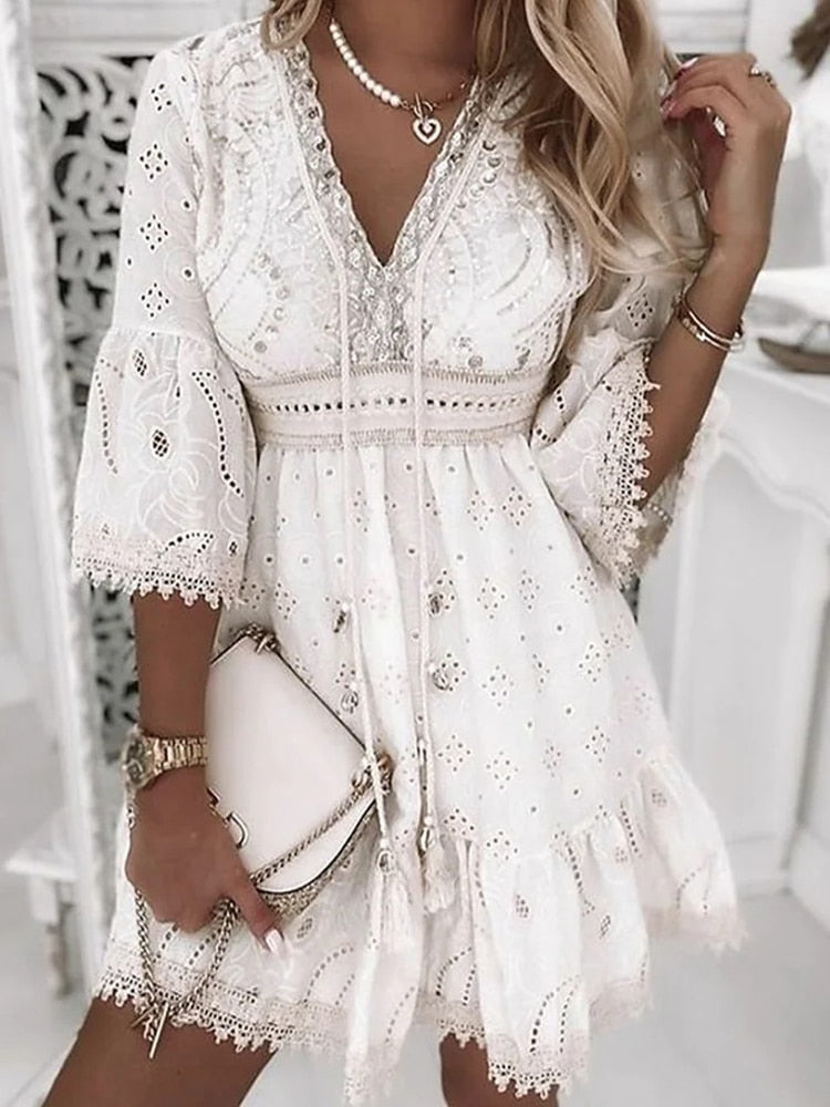 Robe femme dentelle bohème col V manches cloche été – Image 2