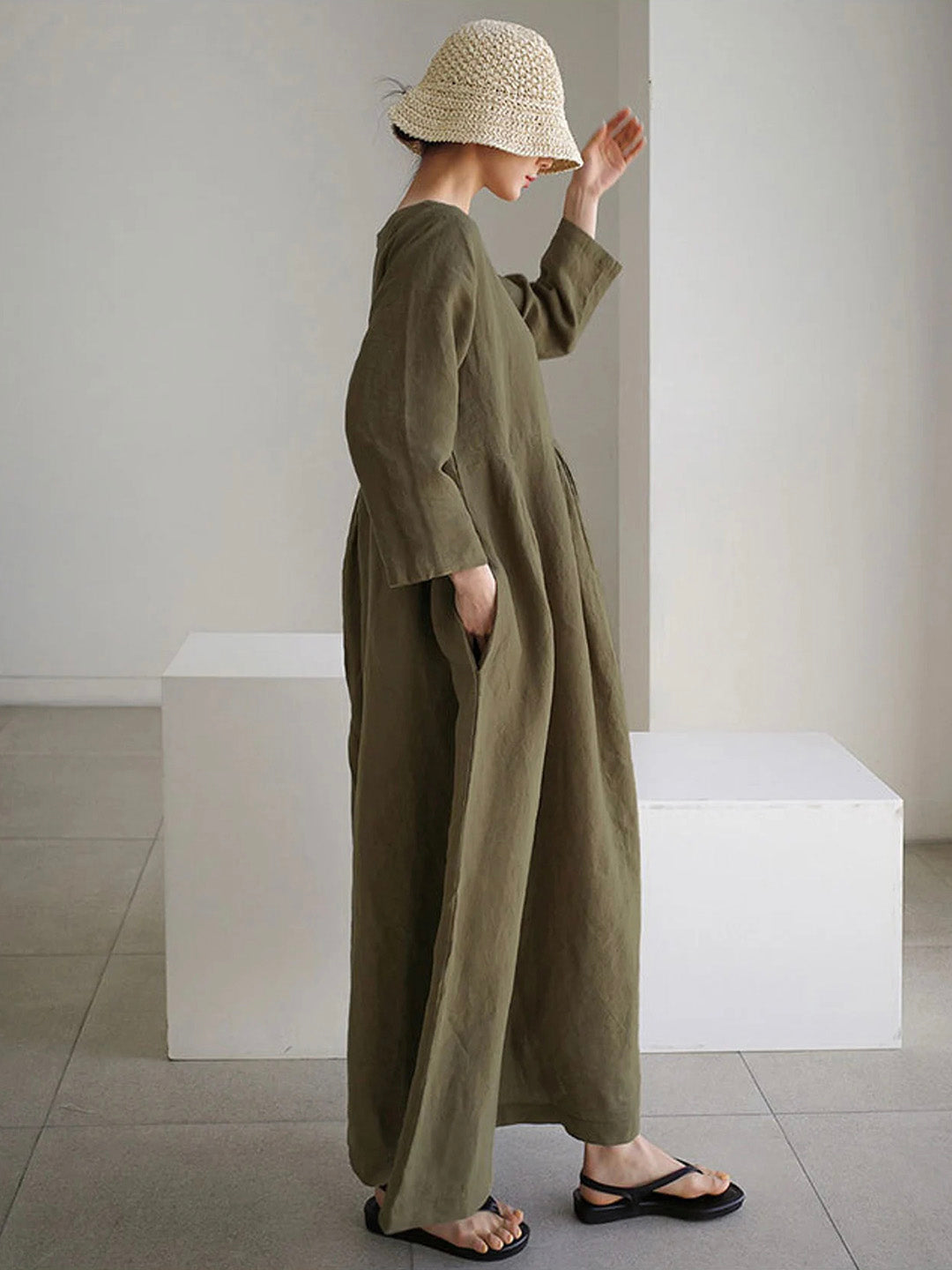 Robe femme lin manches longues taille froncée – Image 11
