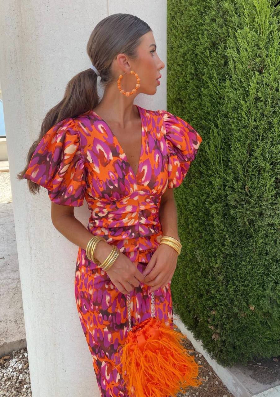 Robe femme fluide décolleté V manches bouffantes – Image 2