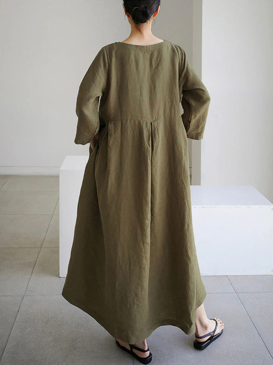 Robe femme lin manches longues taille froncée – Image 12
