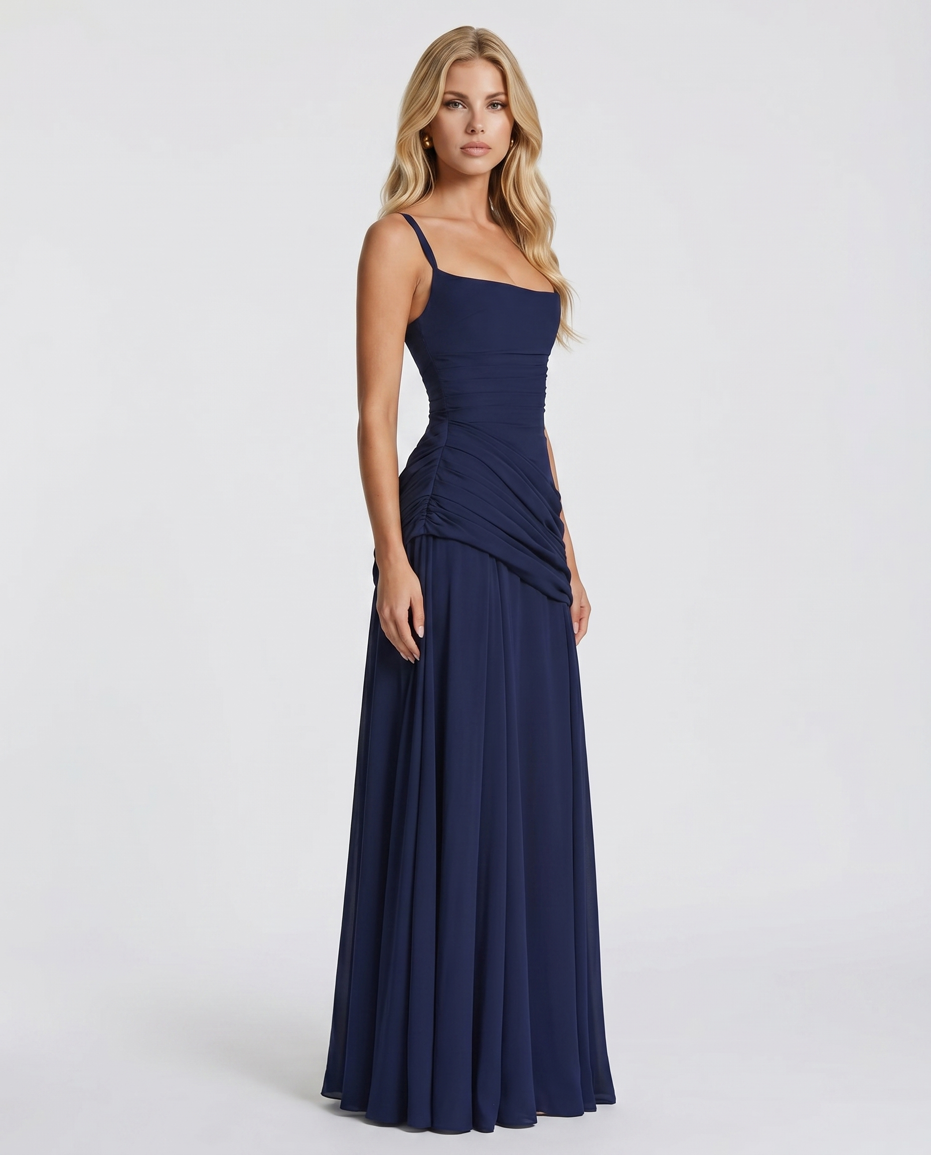 Robe femme longue décolleté carré taille drapée bleu marine – Image 3
