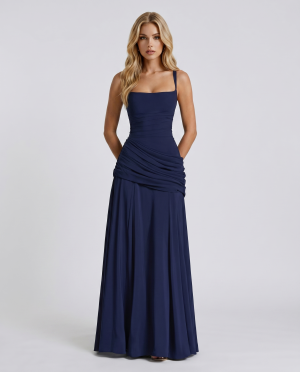 Robe femme longue décolleté carré taille drapée bleu marine