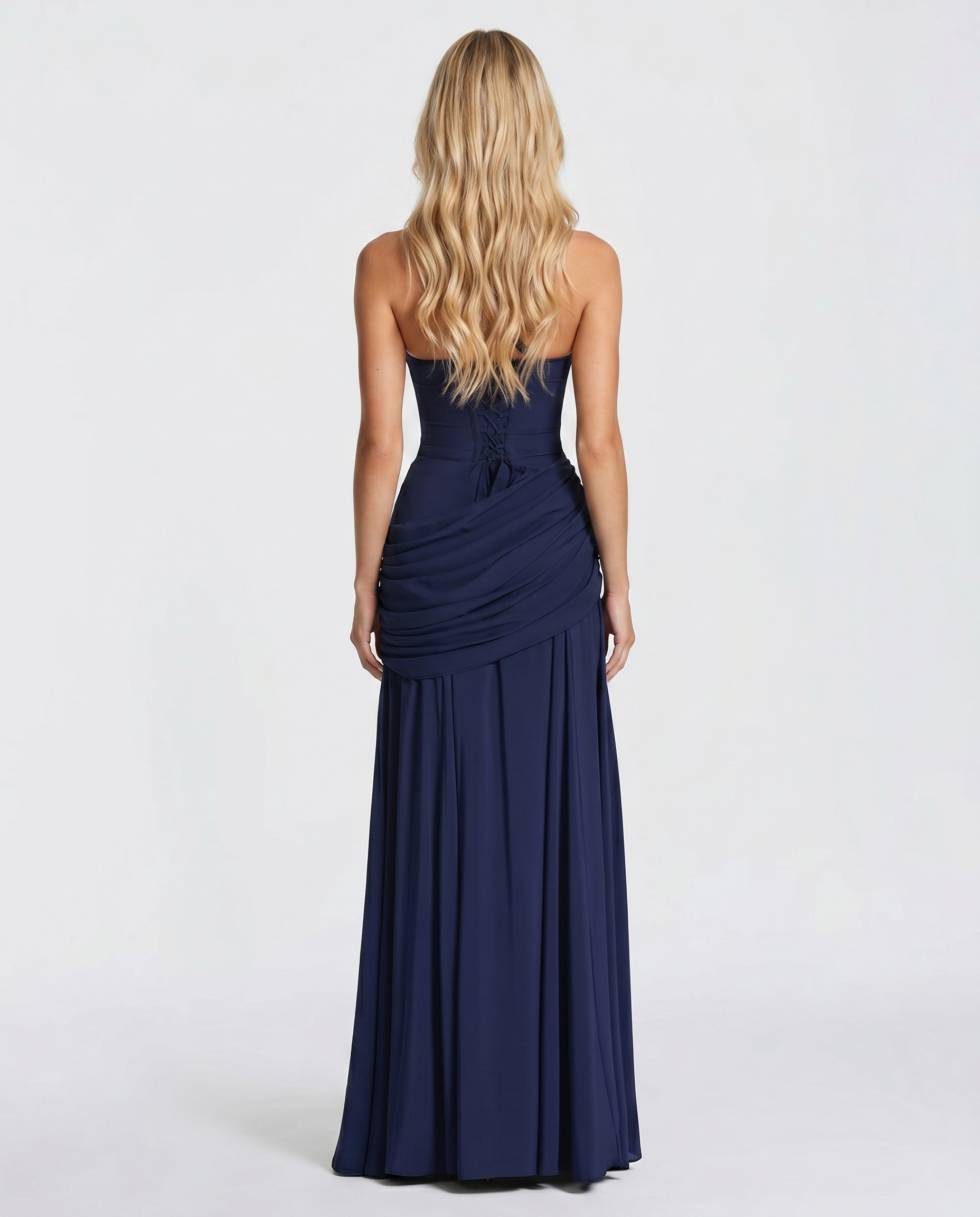 Robe femme longue décolleté carré taille drapée bleu marine – Image 4
