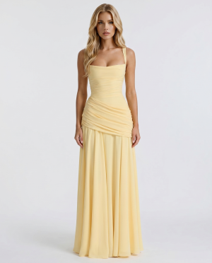 Robe femme jaune décolleté carré taille drapée