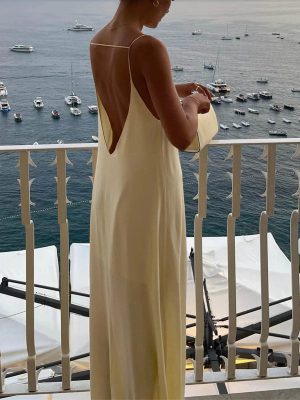 Robe femme longue jaune tissu léger bretelles fines